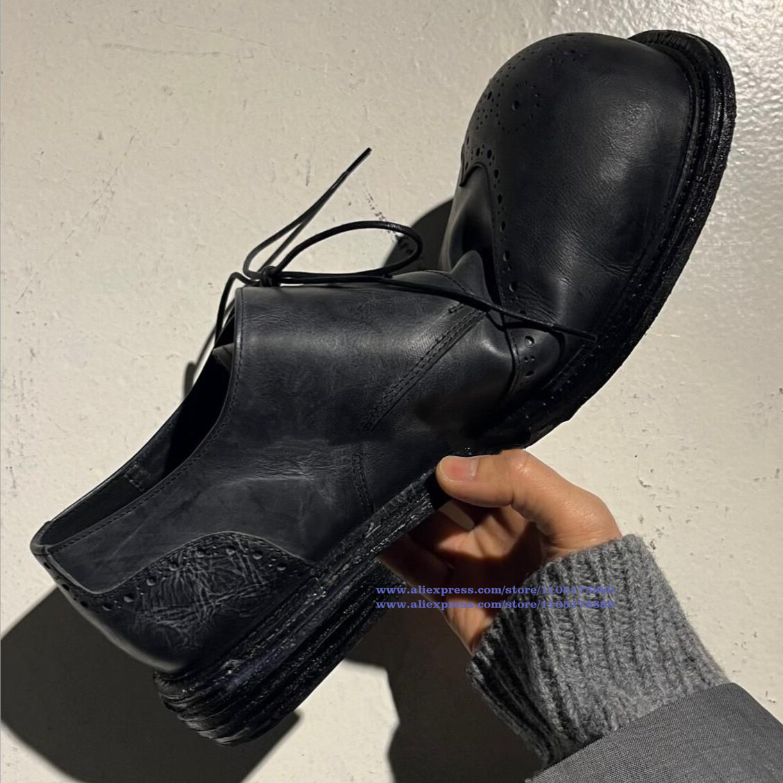Oxford Brogue Leather - Винтажные черные кожаные оксфорды-броги на шнуровке,