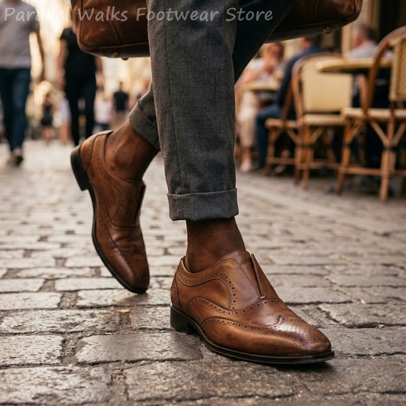 Oxford Brogue Leather - Мужские коричневые кожаные туфли-броги на резинке